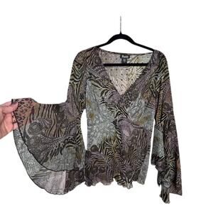 Vintage Mudd Y2K Top Sheer Bell Sleeve Boho Patchwork Whimsical L